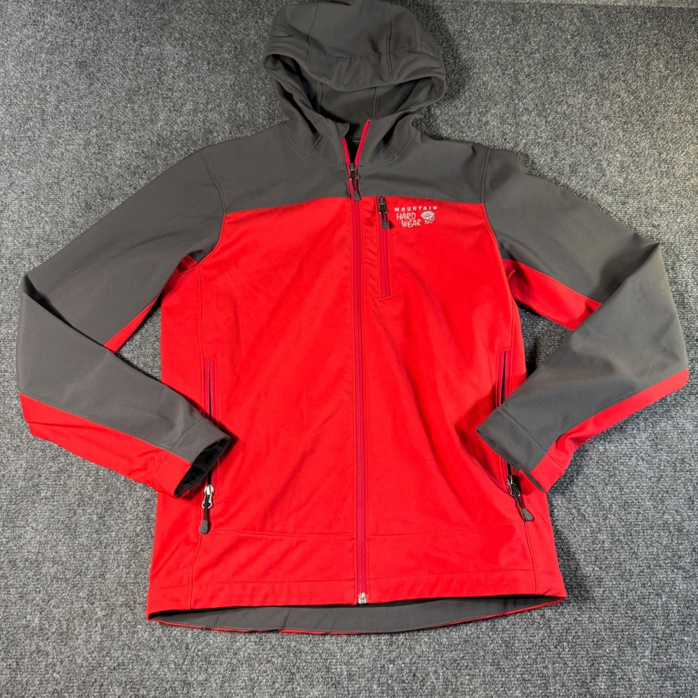 Mountain Hardwear Mens OM5771 Red Grey Softshell Hooded Fleece Jacket Small
